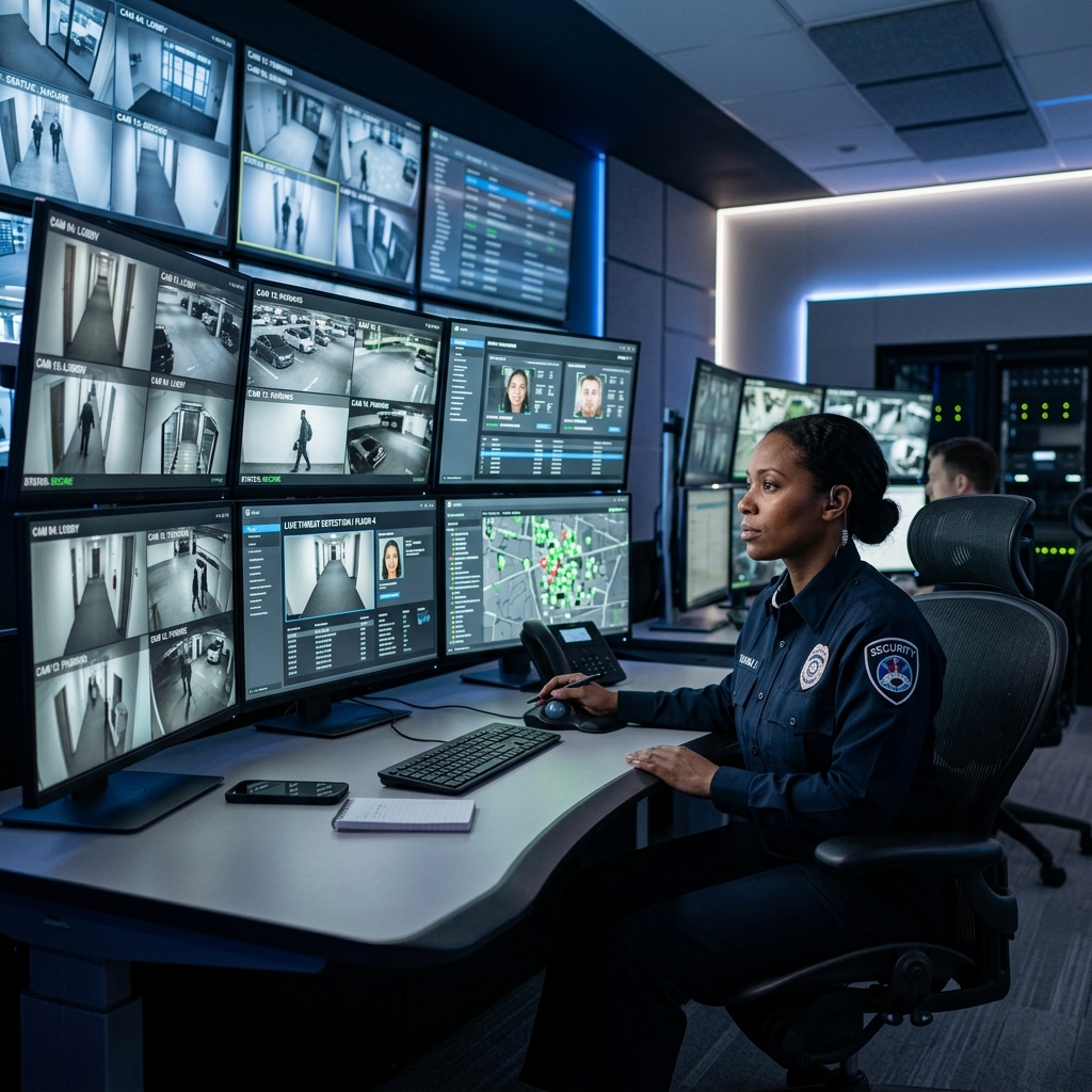 Vigilante na sala de monitoramento e câmeras